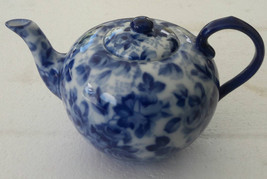 Teapot White With Cobalt Blue Color Handle Handpainted Flower Designs Collectibl - £46.38 GBP