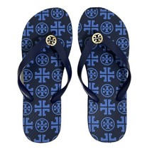 Tory Burch Flip Flop Thong PVC Sandals Navy Blue Square Traveler Logo Wo... - $21.82