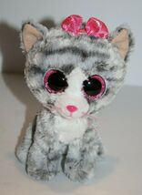 Ty Beanie Boos Kiki Cat 6" Pink Glitter Eye Bow Grey Tabby Gray Plush St... - $10.40