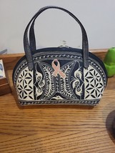 Sm LAGA Vegan Embroidered Breast Cancer Awareness Black/Cream Zippered Handbag - £9.95 GBP
