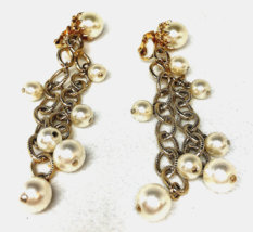 Beautiful Faux Pearl Cluster Clip On Earrings Chandelier Dangle 3 1/4&quot; Drop - £6.65 GBP
