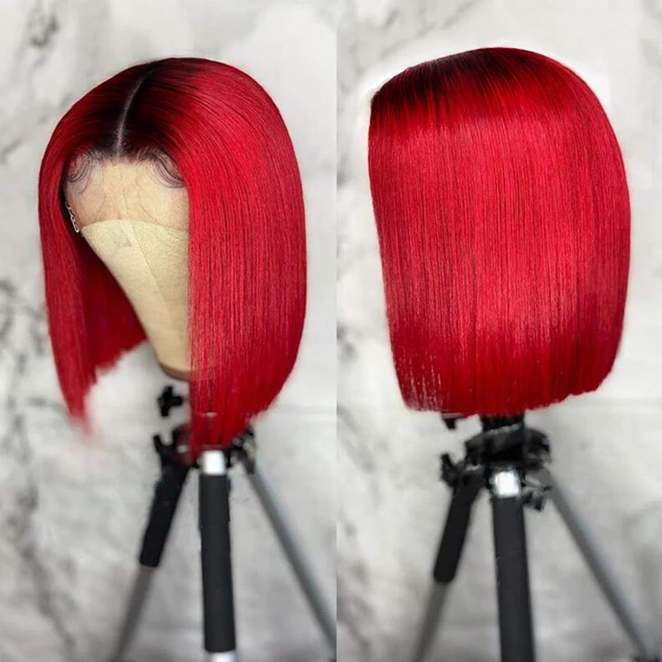 Ombre Red Burgundy Short Bob Wig With Bangs Middle Part Lace Bob Wig Human Ha - £48.29 GBP+