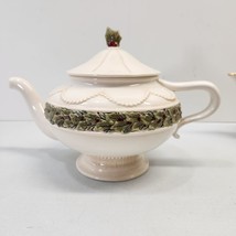 Cream Grasslands Road Holly Leaves &amp; Berries Ceramic Christmas Teapot 5 Cup EUC - $41.59