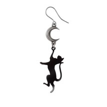 Alchemy Gothic E468 - Feline Moondream Single Earring Black Cat Silver Moon - £21.57 GBP