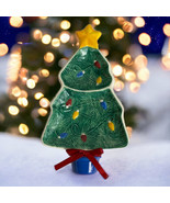 Vintage Hallmark Christmas Tree Ceramic Candy Nut Dish Red Ribbon 7.5&quot; - £30.22 GBP