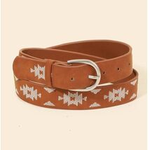 Western Boho Aztec Embroidered Pattern Vegan Leather Belt Brown - $19.80