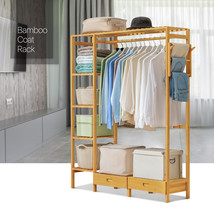 48&quot;Natural Bamboo[Clothes Rail+Pant Rack+Dual Drawer]Coat Storage Shelve... - £112.70 GBP