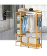 48&quot;Natural Bamboo[Clothes Rail+Pant Rack+Dual Drawer]Coat Storage Shelve... - £105.87 GBP