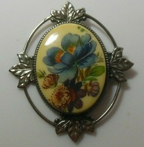 Vintage Porcelain Painted Multi-color Floral Oval Brooch - £27.37 GBP