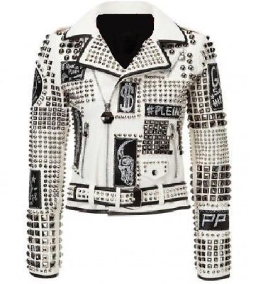 White Philipp Plein Silver Metal Punk Studded Patches Genuine Leather Jacket