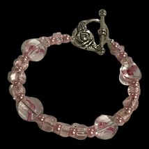 Handmade Pink Pearl &amp; Glass Art Beads Bracelet with Toggle Clasp 7.25” Long - £10.41 GBP