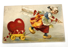 To My Valentine Dutch Girl Pulling Wagon Of Hearts Postcard Germany Mailed - £14.73 GBP