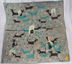 Vintage Kimball Pat Prichard Dogs Cats Handkerchief Signed Linen Dachshund Teal - £49.33 GBP