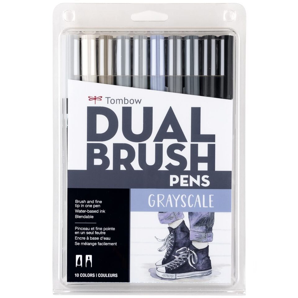 Grayscale Blendable Dual Brush Pen Art Markers - 10-Pack Set with Brush and Fine