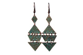 Verdigris Patina Triangle Earrings, Geometric Cascade Earrings, Boho Style - £11.99 GBP