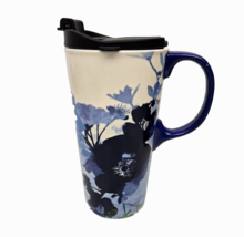 Cypress Home Tall Ceramic Travel Mug White Blue Flowers Handle w/ Lid 17... - $17.99