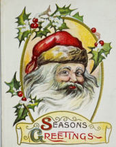 Santa Claus with Brown Fur Trim Hat Holly Berries Antique Christmas Postcard USA - £7.73 GBP