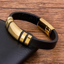 Trendy  Punk Rock Fashion Genuine Leather Bracelet Men Black Gold Metal Stainles - £11.10 GBP