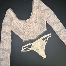 Victoria&#39;s Secret Long-sleeve Top S,M,L Bra Set+S Thong Cream Beige Crystallized - £71.14 GBP