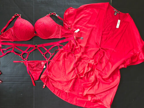 Victoria's Secret 34C,34DD,36D,38DD BRA SET+garter+O/S ROBE kimono RED lace gold
