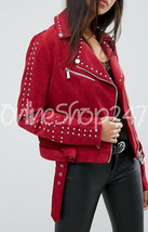 New Women Unique Red Silver Studded Brando Western Belted Suede Leather ... - $199.99