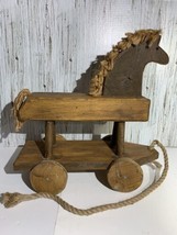 Primitive Hand Made Wooden Pull Toy Horse On Wheels Farmhouse Cottagecore Decor - $33.94