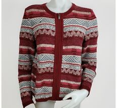 Loft Textured Sweater Womens Medium Brick Red Stripe Zip Cardigan Cotton... - $16.30