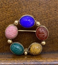 Vintage HG Signed Scarab 12K Gold Fill Round Semi Precious Stones Brooch... - £19.41 GBP