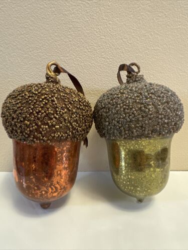 Pottery Barn Large Mercury Glass Acorn Christmas Ornament Beaded Top Set Of 2 - $25.73