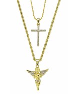 2pc Chain Set Angel + Cross Cz Pendants 14k Gold Plated Hip Hop Necklaces - £14.52 GBP