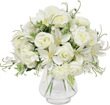 Fake Flowers,12In 4Pcs Artificial Flowers Plants Bouquets, Cream White No Vase - £28.70 GBP