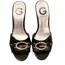 Vintage G by GUESS Black Patent Leather Rhinestone Logo Wedge Slides Size 5.5 - £37.32 GBP