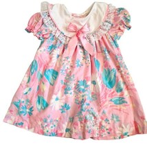 80s 90s Girls Size 5 Floral Party Bib Dress Pink Teal Lace Ruffles Vintage USA - £26.04 GBP