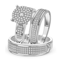 0.50 Ctw Moissanite 14K White Gold Over Cluster Wedding His &amp; Her Trio R... - $2,895.51 MXN