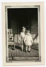 Boy &amp; Girl on Porch of Log Cabin Black &amp; White Photo Wooden Rocking Chair  - £14.27 GBP