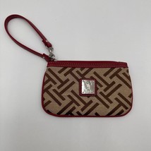 Tignanello Womens Wristlet Coin Purse Brown Logo Print Red Trim Silver Tone - $14.84