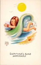 Artist Mabel Lucie Attwell Girl Waves Everything&#39;s Going Swimmingly Postcard W8 - £15.94 GBP