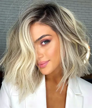 Short Ash Blonde Lace Frontal Wig Brown Highlight Wig Human Hair 13x4 Curly Bob - $323.00