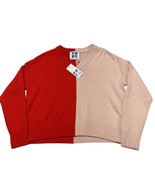 XOKR Kerri Rosenthal Sweater S V Neck Pink Red Colorblock Knit Love Hear... - $55.56