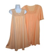 Vintage Lorraine Peignoir Set Nightgown Robe S Orange Lace Nylon Knee Length USA - $79.15