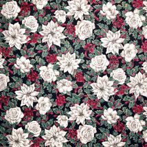 Christmas Floral Fabric Poinsettia Rose Holly Ribbon Silver Accents VIP Per Yard - £7.96 GBP