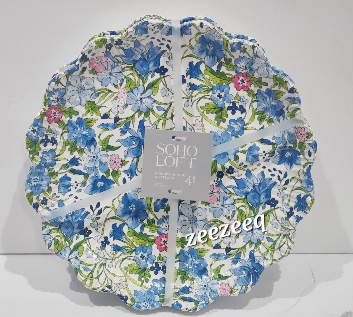 Soho Loft Blue Floral Scalloped Shabby Chic Melamine DINNER Plates set of 4 - $42.99