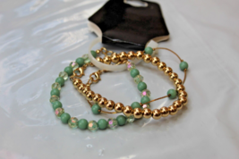 Gold Tone With Green &amp; Gold Beads 2 Stretch Bracelets &amp; 1 Chain Bracelet NEW - £13.50 GBP