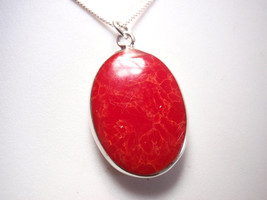 Mother of Pearl &amp; Simulated Coral 925 Sterling Silver Necklace medium large - £15.86 GBP