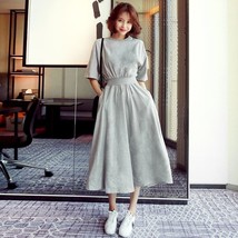 Medium Sleeve Dress Girl&#39;s Large Skirt Korean Half Sleeve Waist Long Skirt High  - £104.95 GBP
