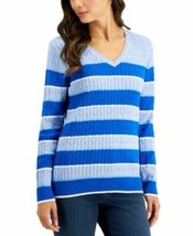 $47 Karen Scott Petite Gianna Cotton Striped Cable V-Neck Sweater Blue S... - $21.78