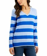 $47 Karen Scott Petite Gianna Cotton Striped Cable V-Neck Sweater Blue S... - $400.91 MXN