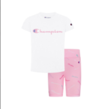 CHAMPION Baby Girls Script T-shirt and All Over Printed Tossed Script Bike Short - £15.22 GBP