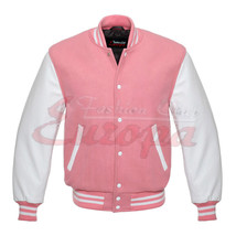 Varsity Letterman Jacket PINK Wool With WHITE Real Leather Sleeves - £71.44 GBP