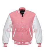 Varsity Letterman Jacket PINK Wool With WHITE Real Leather Sleeves - £68.79 GBP